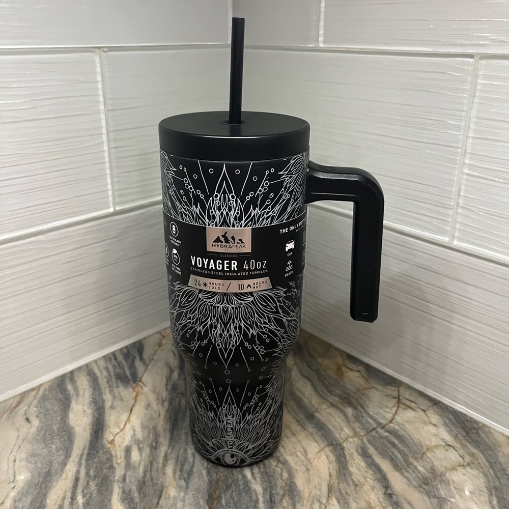 HydraPeak Black Wiccan Voyager 40 oz Steel Tumbler Handle Straw Wicca Floral NEW